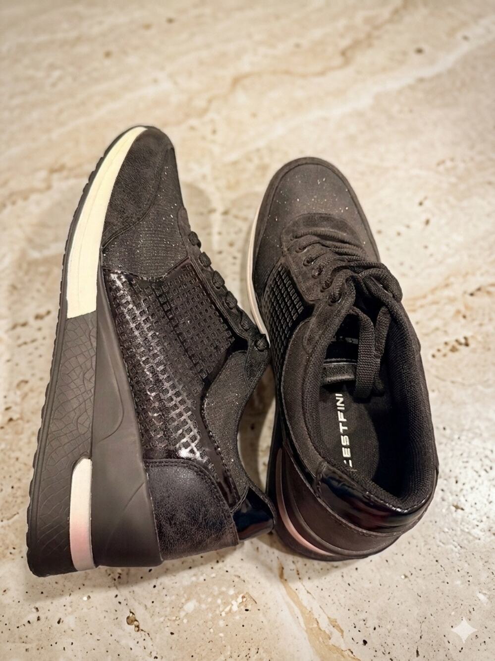 New Cestfini Women's Black Sparkly Glitter Hidden Wedge Fashion Sneakers Size 8